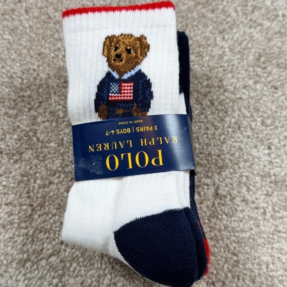 Polo Ralph Lauren Boys 3 Pack Polo Bear Flag Striped Crew Socks Size 4-7 NEW